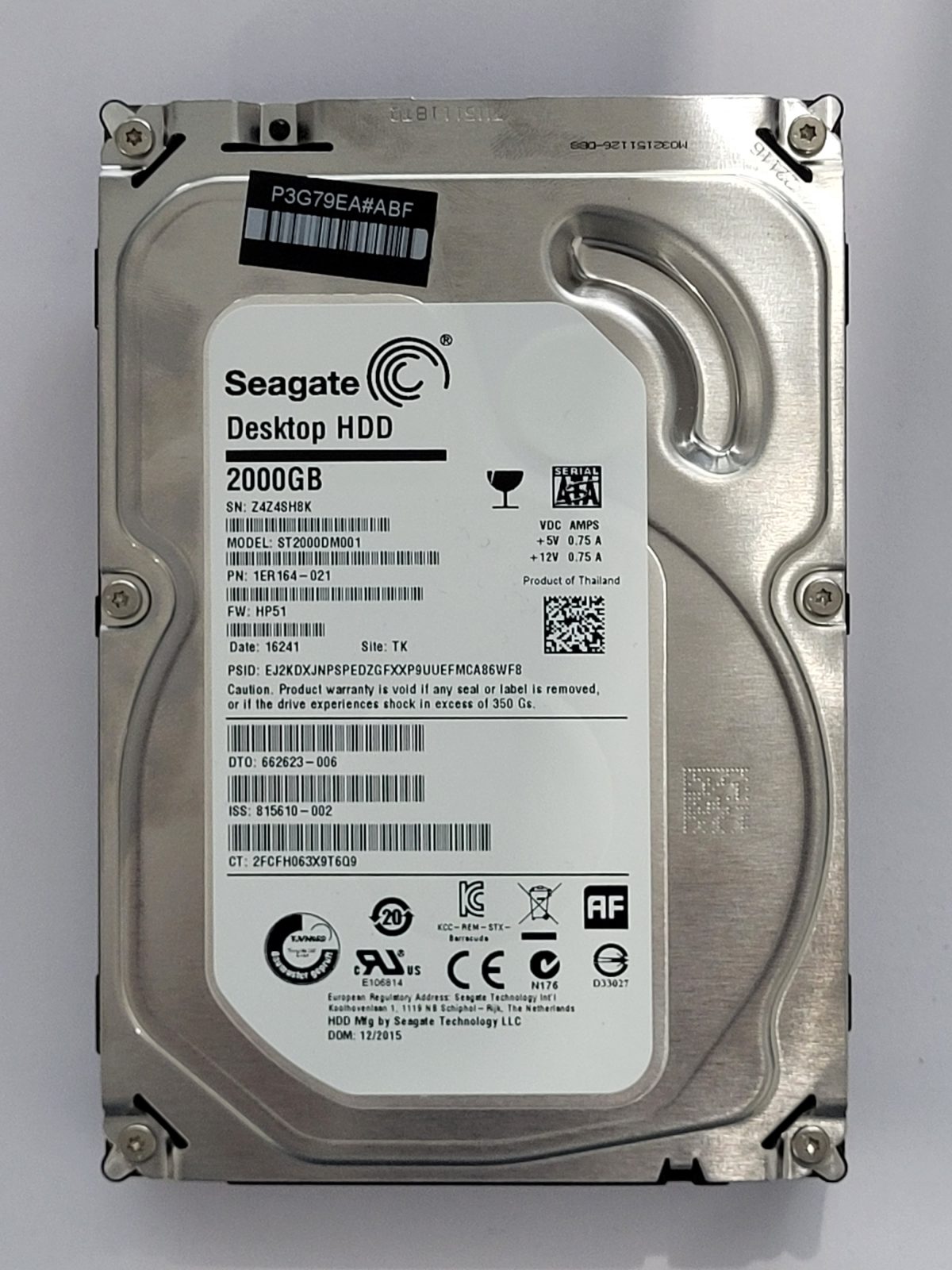 ST2000DM001, PN:1ER164-021, SN:Z4Z, TK, FW:HP51, 16241 | Seagate 2To 3,5" SATA HDD STK