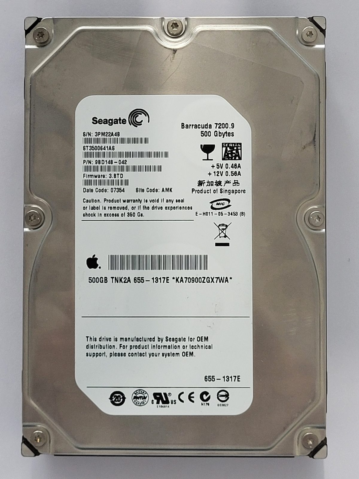 ST3500641AS, PN:9BD148-042, SN:3PM, AMK, FW:3.BTD, 07354 | Seagate 500Go 3,5" SATA HDD STK
