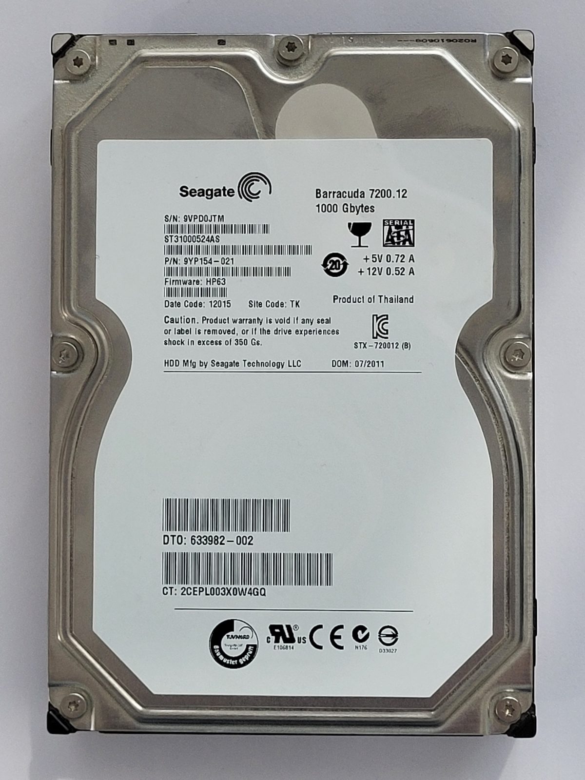 ST31000524AS, PN:9YP154-021, SN:9VP, TK, FW:HP63, 12015 | Seagate 1To 3,5" SATA HDD STK