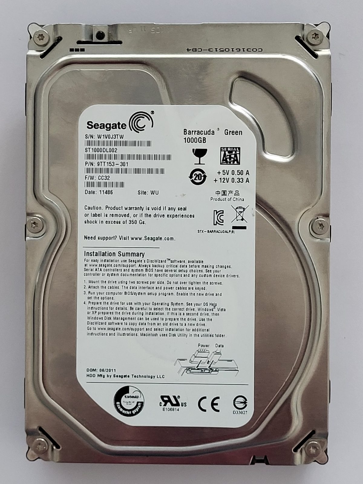 ST1000DL002, PN:9TT153-301, SN:W1V, WU, FW:CC32, 11486 | Seagate 1To 3,5" SATA HDD STK