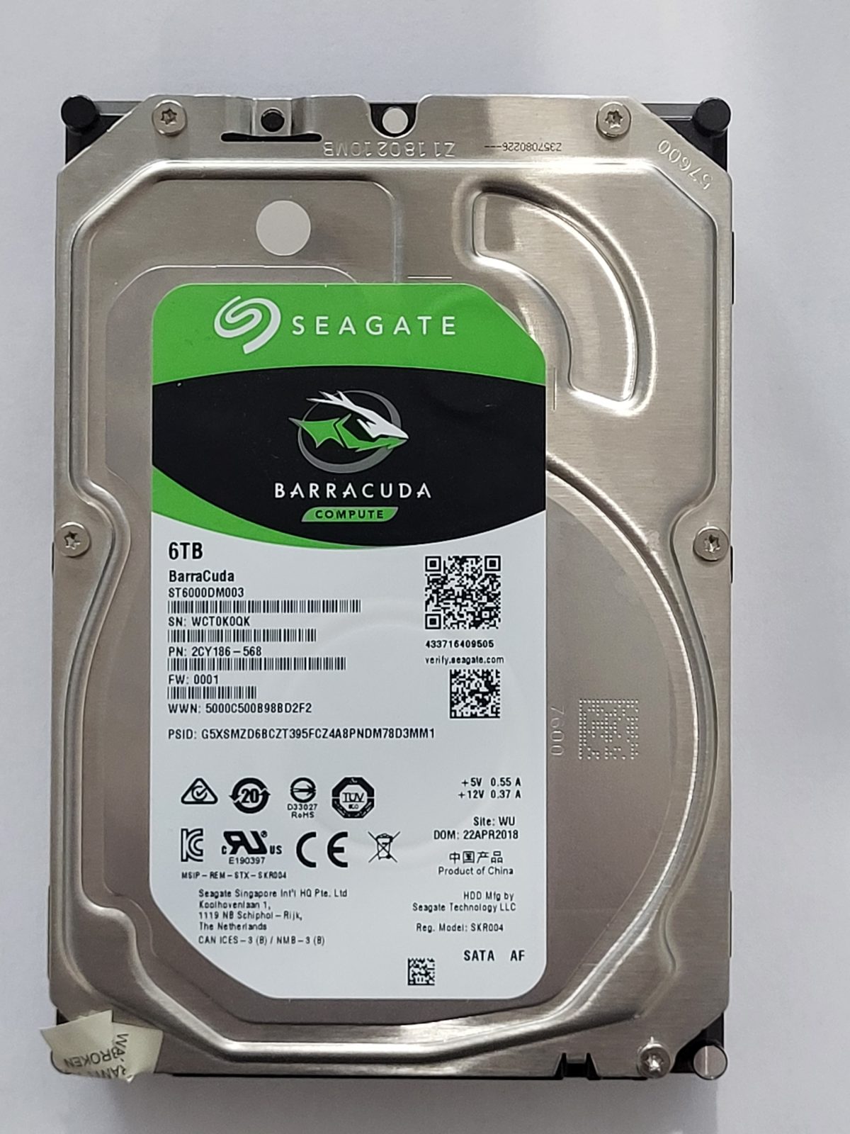 ST6000DM003, PN:2CY186-568, SN:WCT, WU, FW:0001, 22 APR 2018 | Seagate 6To 3,5" SATA HDD STK