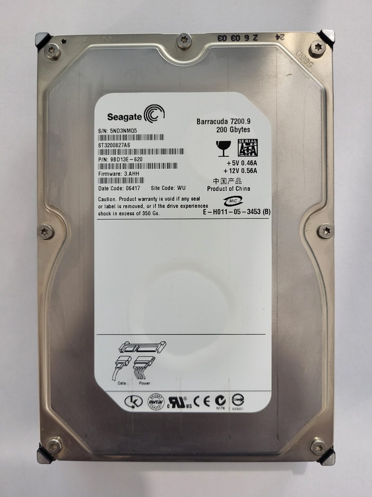ST3200827AS, PN:9BD13E-620, SN:5ND, WU, FW:3.AHH, 06417 | Seagate 200Go 3,5" SATA HDD STK