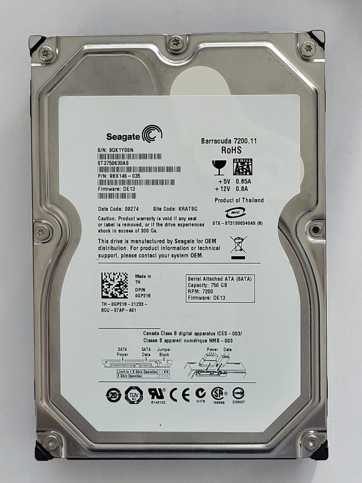 ST3750630AS, PN:9BX146-035, SN:9QK, KRATSG, FW:DE13, 09274 | Seagate 750Go 3,5" SATA HDD STK