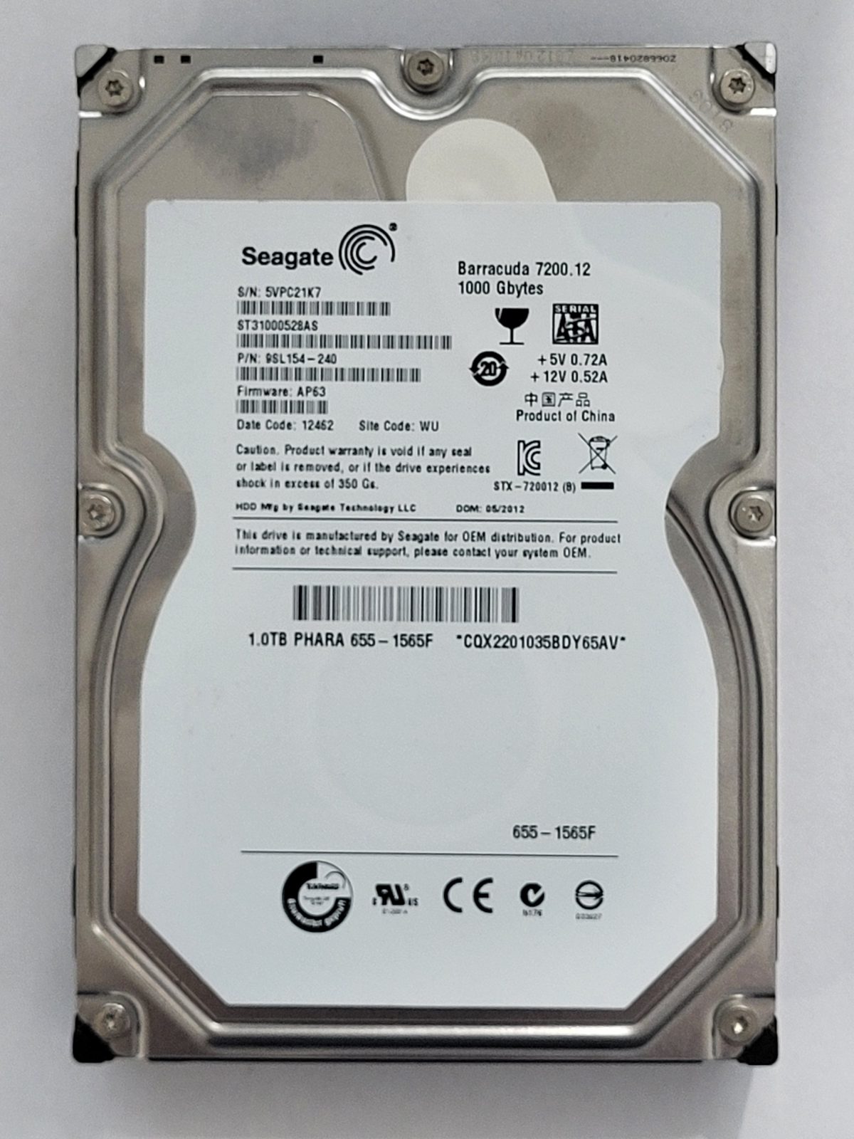 ST31000528AS, PN:9SL154-240, SN:5VP, WU, FW:AP63, 12462 | Seagate 1To 3,5" SATA HDD STK