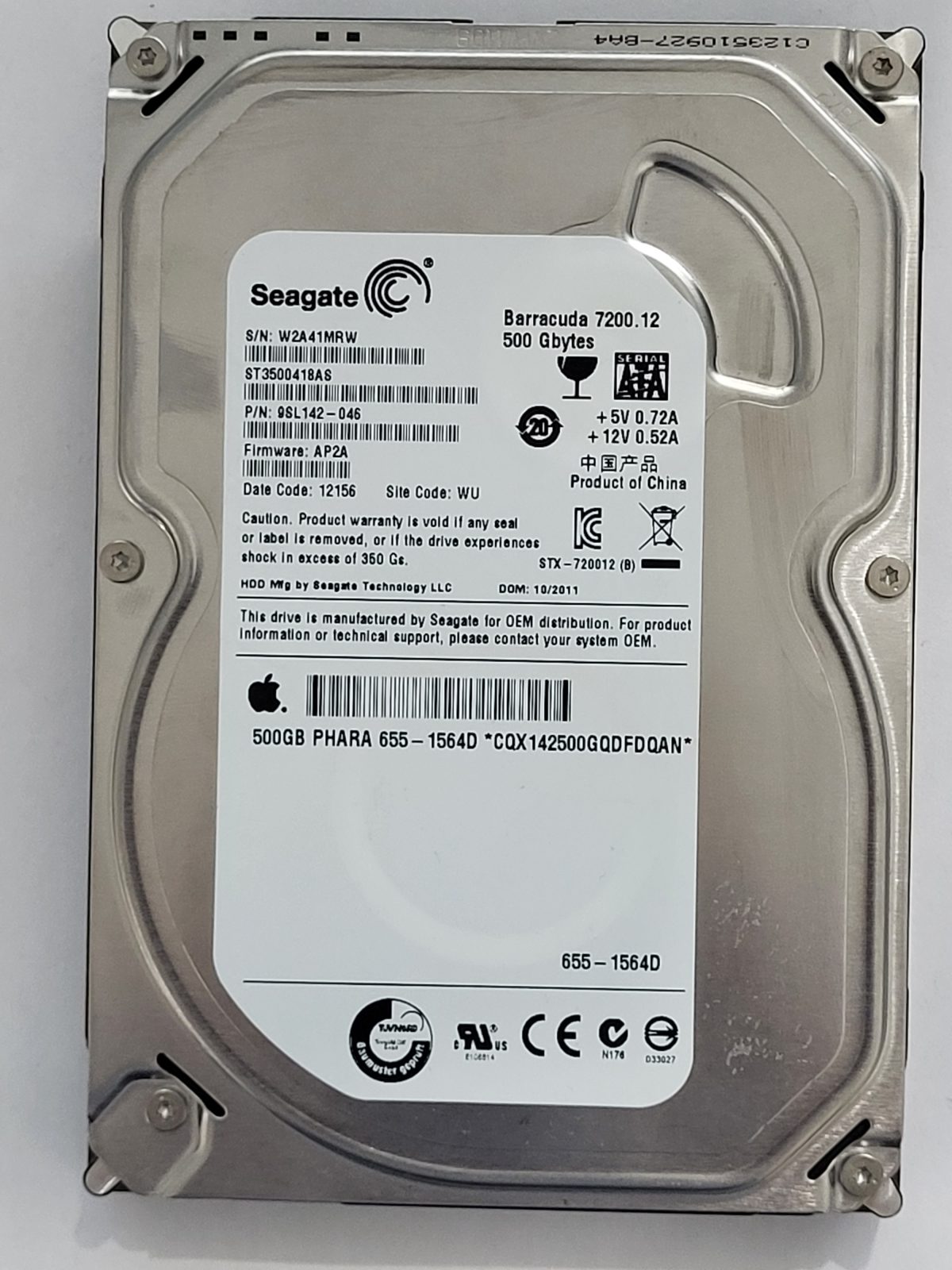 ST3500418AS, PN:9SL142-046, SN:W2A, WU, FW:AP2A, 12156 | Seagate 500Go 3,5" SATA HDD STK