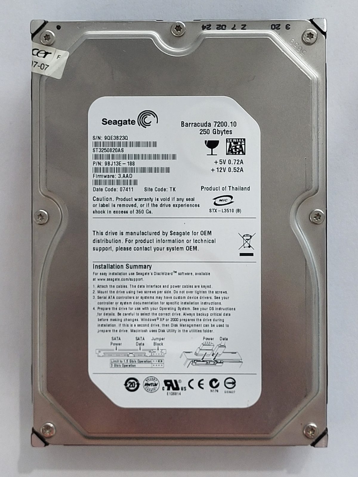 ST3250820AS, PN:9BJ13E-188, SN:9QE, TK, FW:3.AAD, 07411 | Seagate 250Go 3,5" SATA HDD STK