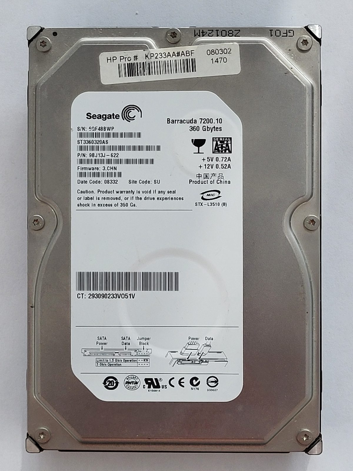 ST3360320AS, PN:9BJ13J-622, SN:6QF, SU, FW:3.CHN, 08332 | Seagate 360Go 3,5" SATA HDD STK