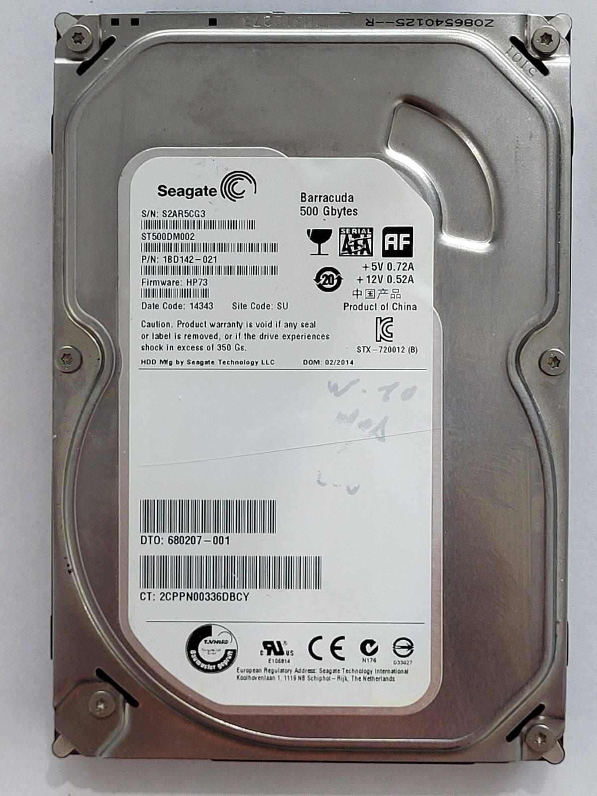 ST500DM002, PN:1BD142-021, SN:S2A, SU, FW:HP73, 14343 | Seagate 500Go 3,5" SATA HDD STK