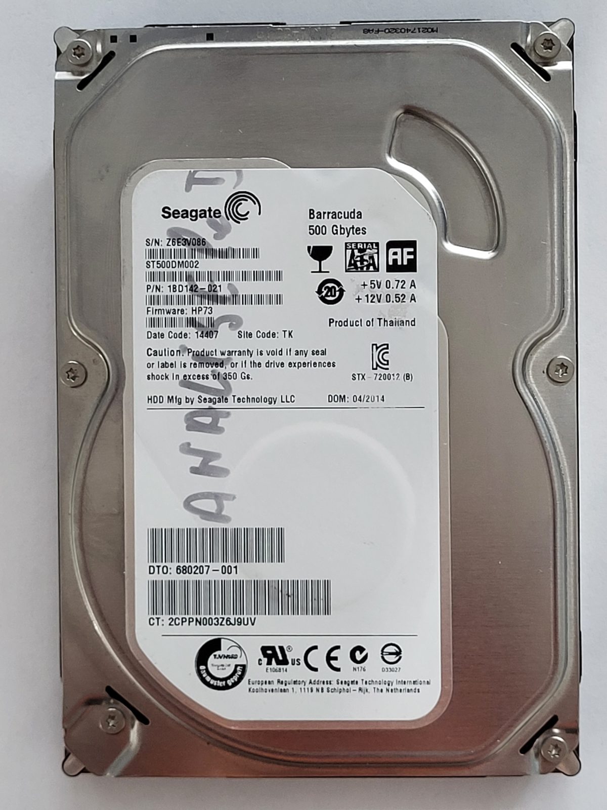 ST500DM002, PN:1BD142-021, SN:Z6E, TK, FW:HP73, 14407 | Seagate 500Go 3,5" SATA HDD STK