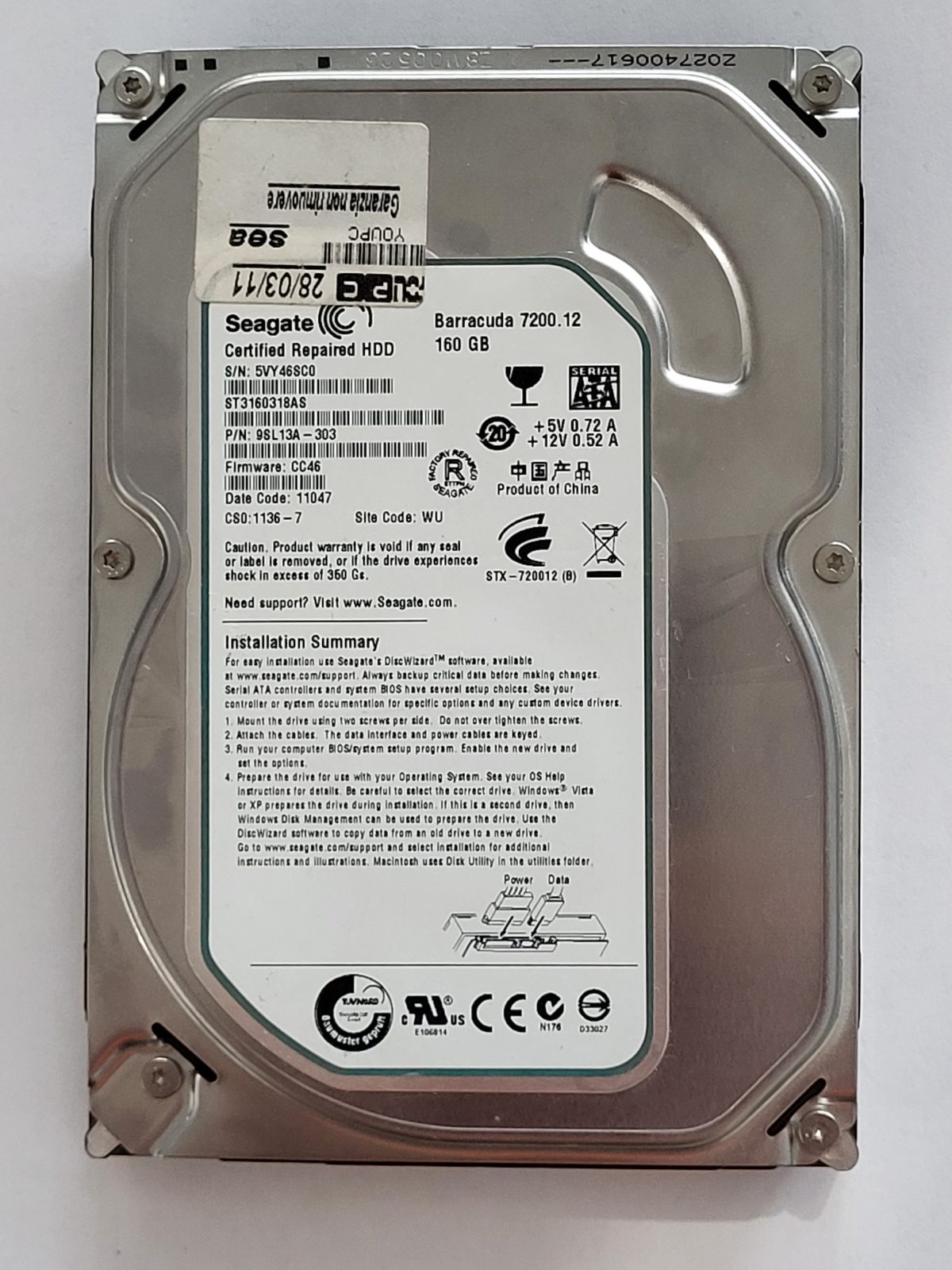 ST3160318AS, PN:9SL13A-303, SN:5VY, WU, FW:CC46, 11047 | Seagate 160Go 3,5" SATA HDD STK