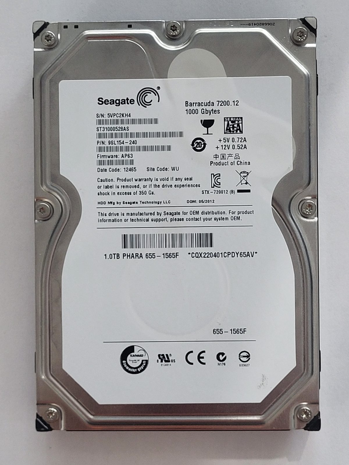 ST31000528AS, PN:9SL154-240, SN:5VP, WU, FW:AP63, 12465 | Seagate 1To 3,5" SATA HDD STK