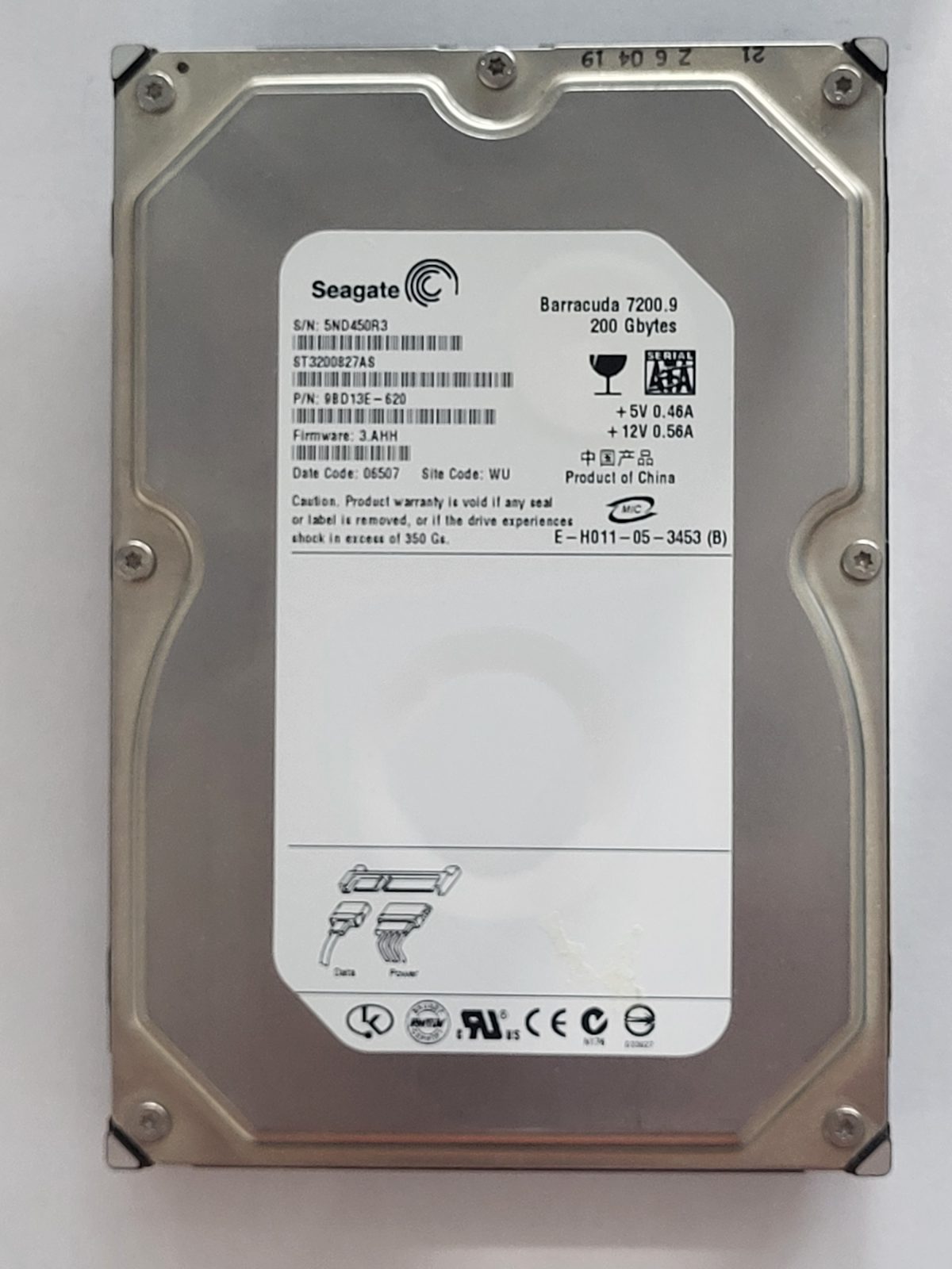 ST3200827AS, PN:9BD13E-620, SN:5ND, WU, FW:3.AHH, 06507 | Seagate 200Go 3,5" SATA HDD STK