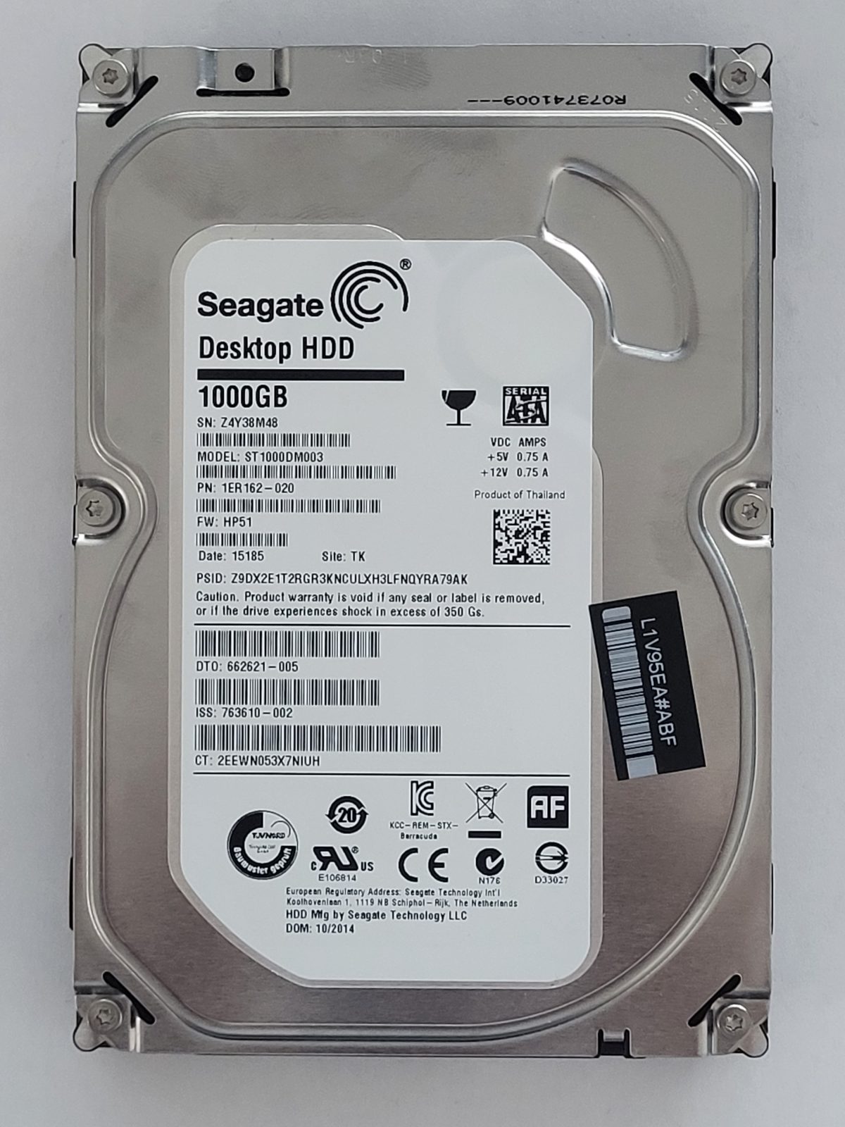 ST1000DM003, PN:1ER162-020, SN:Z4Y, TK, FW:HP51, 15185 | Seagate 1To 3,5" SATA HDD STK
