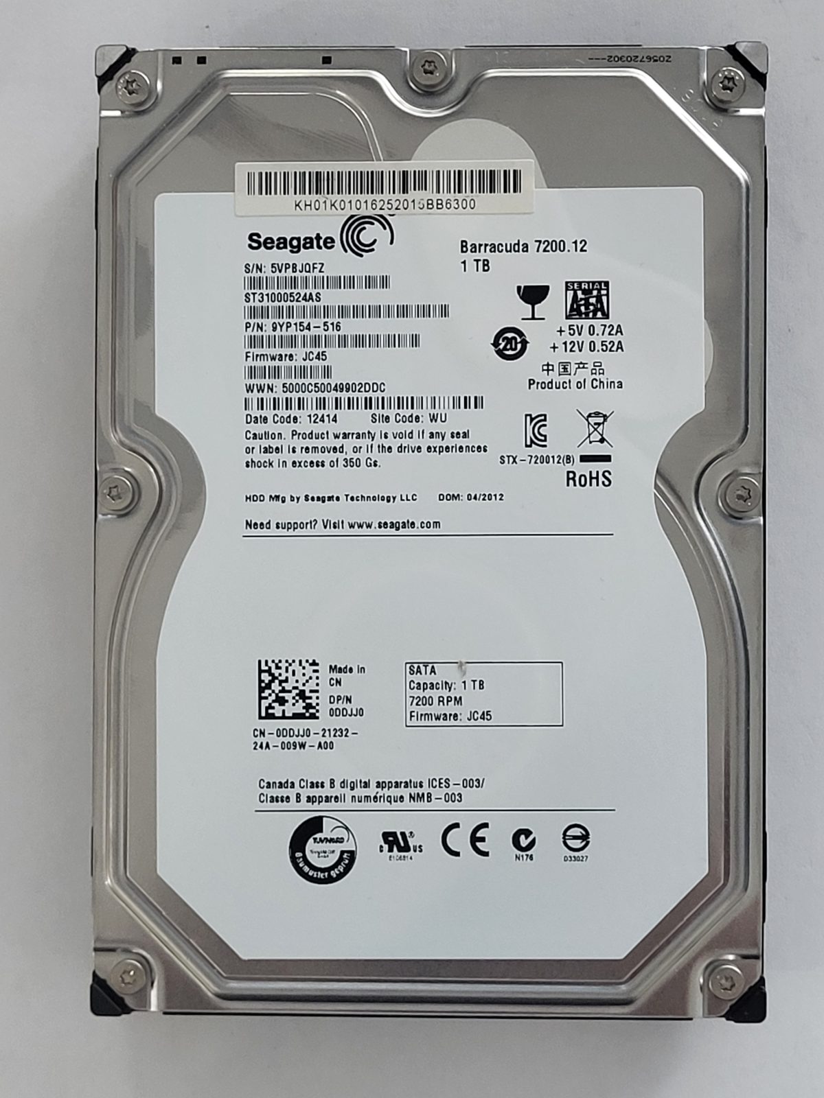 ST31000524AS, PN:9YP154-516, SN:5VP, WU, FW:JC45, 12414 | Seagate 1To 3,5" SATA HDD STK