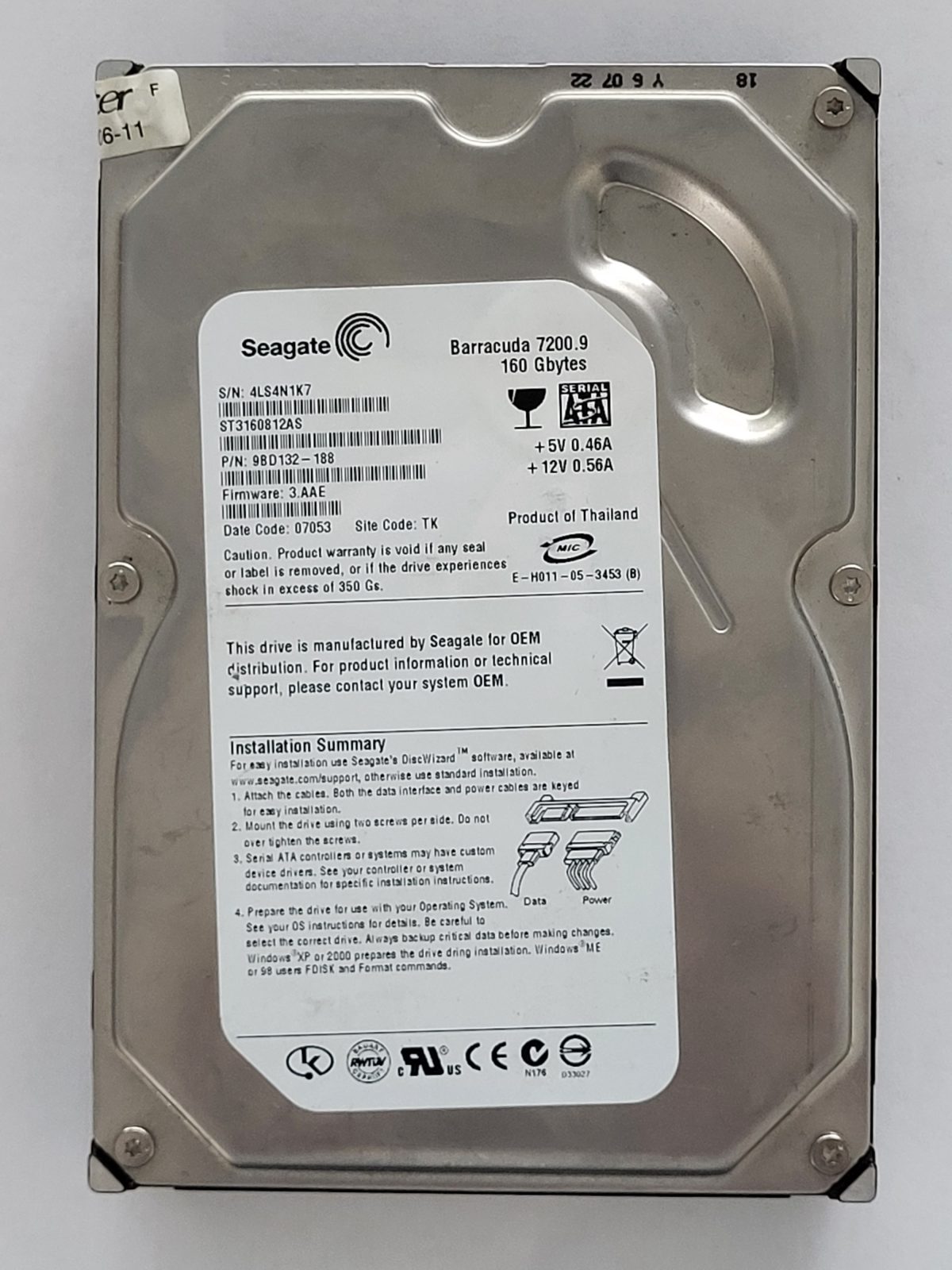 ST3160812AS, PN:9BD132-188, SN:4LS, TK, FW:3.AAE, 07053 | Seagate 160Go 3,5" SATA HDD STK