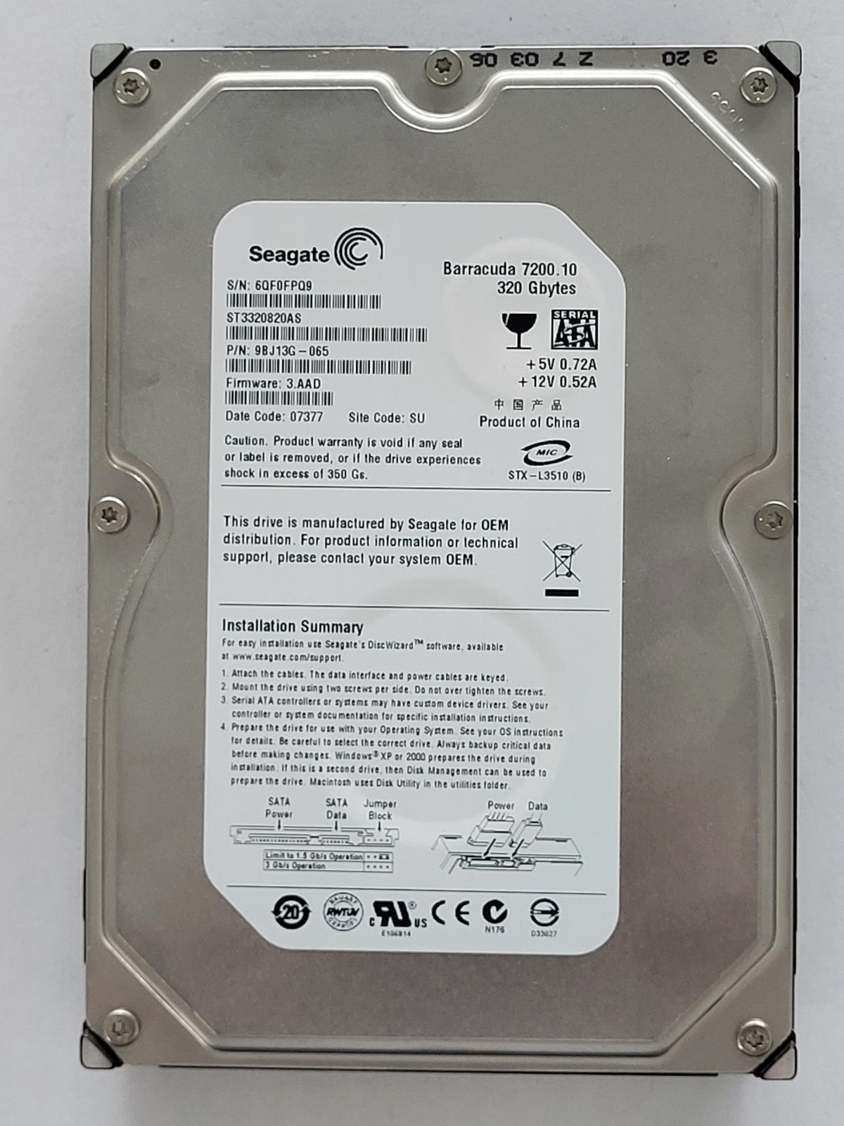 ST3320820AS, PN:9BJ13G-065, SN:6QF, SU, FW:3.AAD, 07377 | Seagate 320Go 3,5" SATA HDD STK