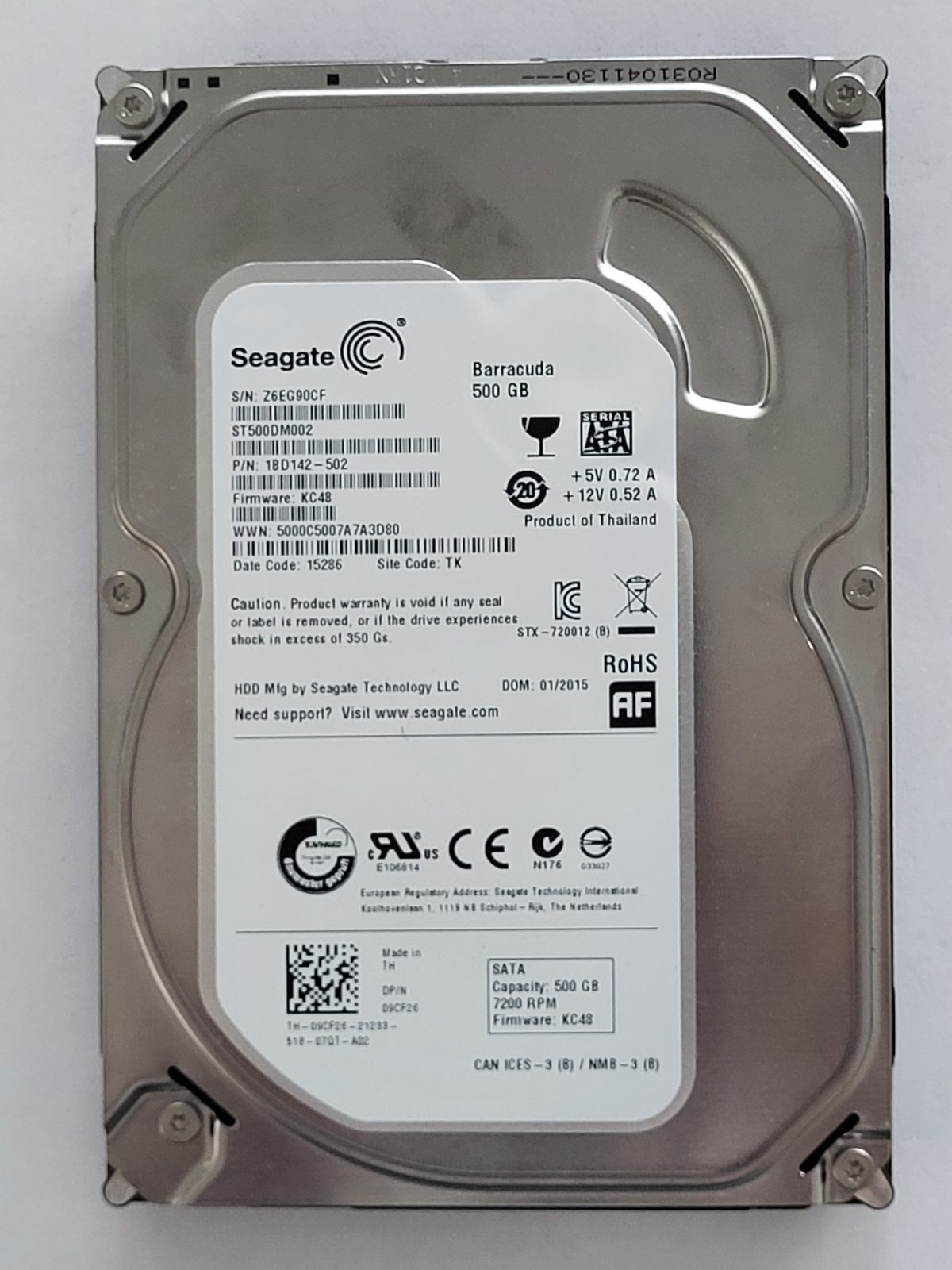 ST500DM002, PN:1BD142-502, SN:Z6E, TK, FW:KC48, 15286 | Seagate 500Go 3,5" SATA HDD STK