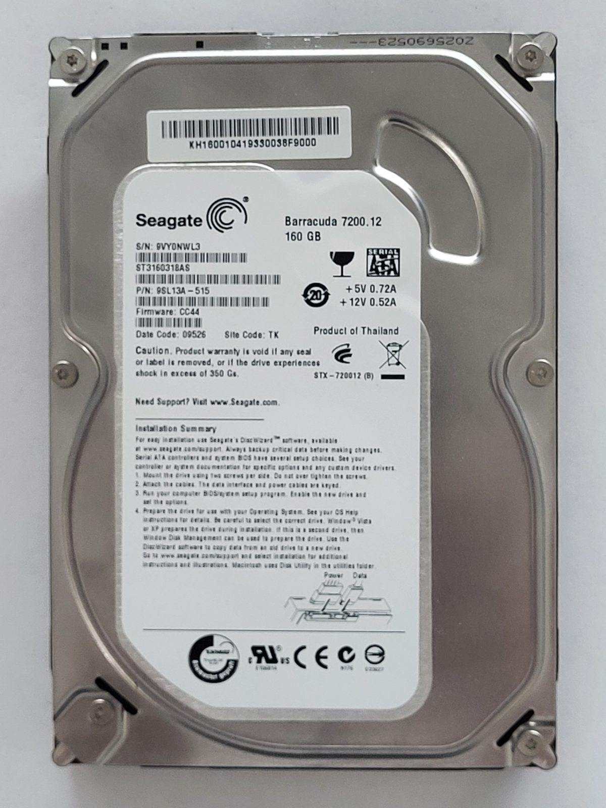 ST3160318AS, PN:9SL13A-515, SN:9VY, TK, FW:CC44, 09526 | Seagate 160Go 3,5" SATA HDD STK