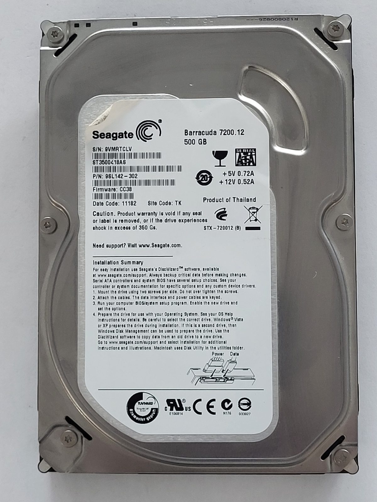 ST3500418AS, PN:9SL142-302, SN:9VM, TK, FW:CC38, 11182 | Seagate 500Go 3,5" SATA HDD STK