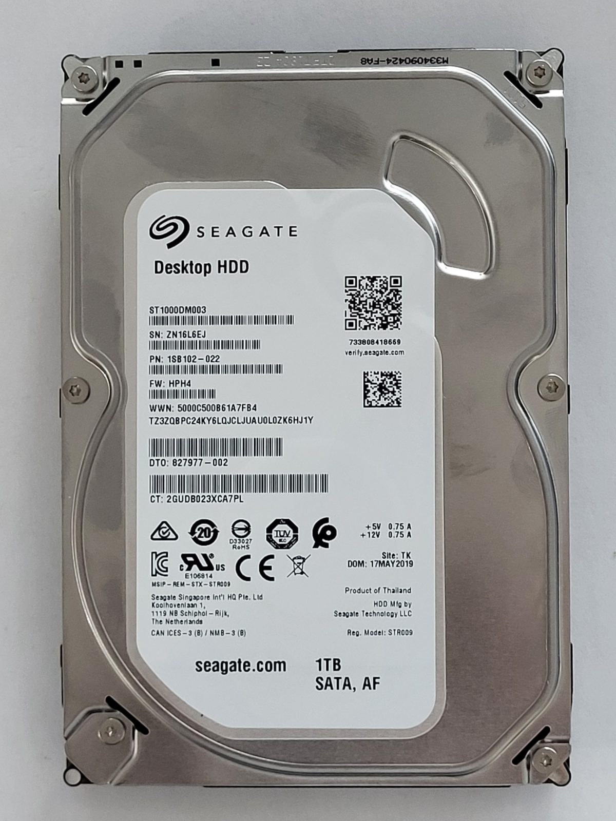 ST1000DM003, PN:1SB102-022, SN:ZN1, TK, FW:HPH4, 17 MAY 2019 | Seagate 1To 3,5" SATA HDD STK