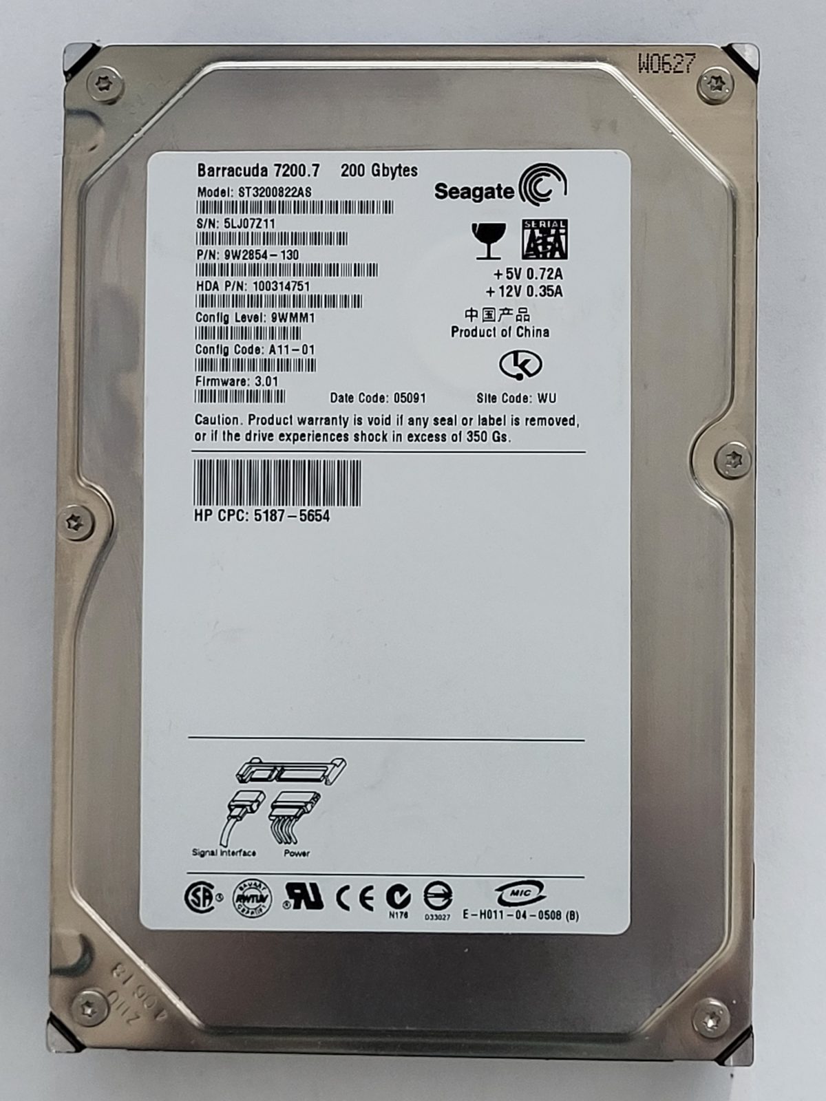 ST3200822AS, PN:9W2854-130, SN:5LJ, WU, FW:3.02, 05091 | Seagate 200Go 3,5" SATA HDD STK