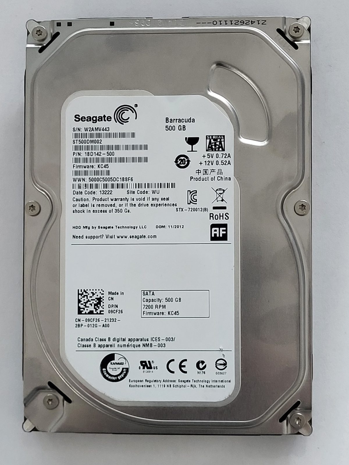 ST500DM002, PN:1BD142-500, SN:W2A, WU, FW:KC45, 13222 | Seagate 500Go 3,5" SATA HDD STK