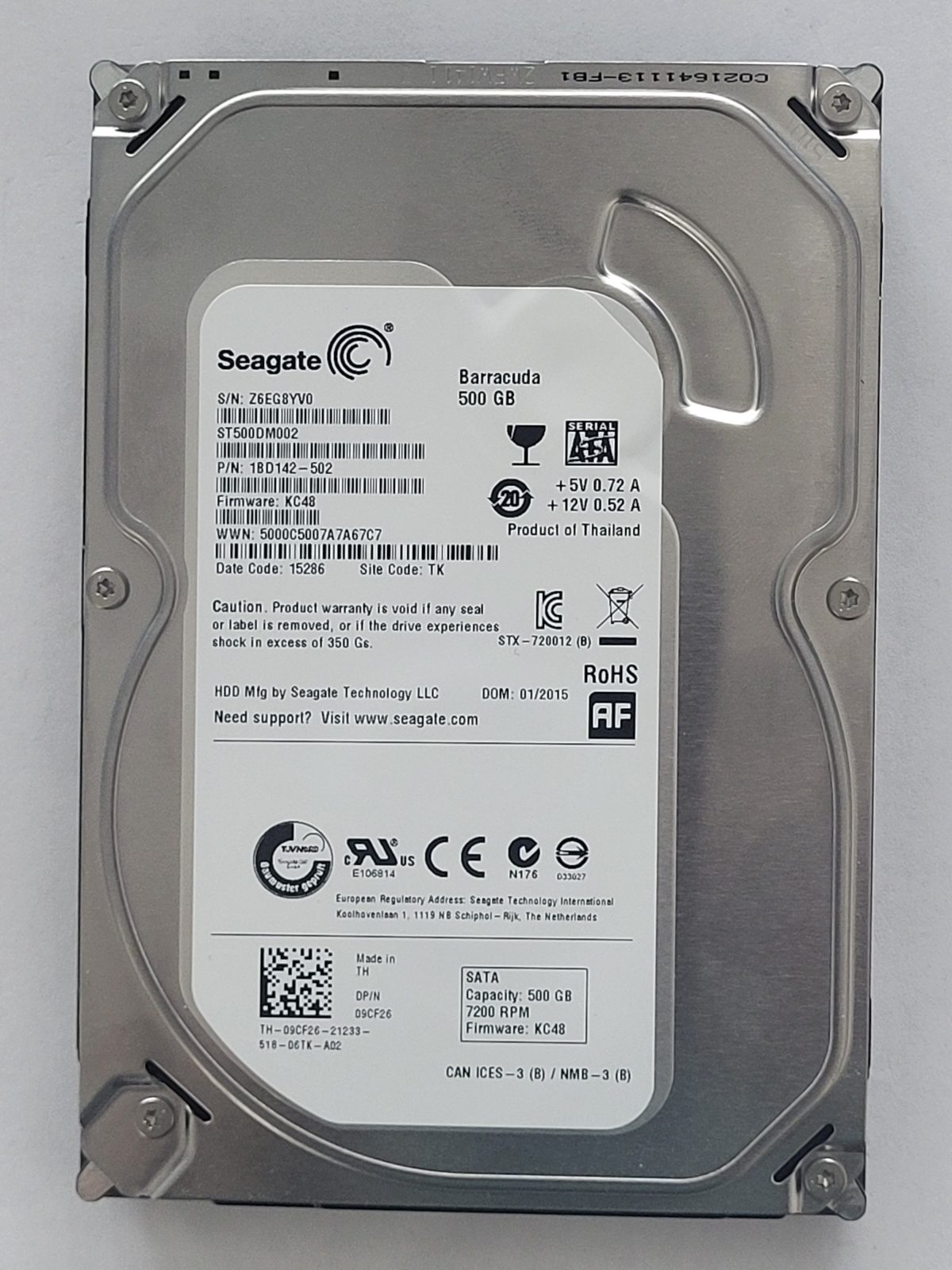 ST500DM002, PN:1BD142-502, SN:Z6E, TK, FW:KC48, 15286 | Seagate 500Go 3,5" SATA HDD STK