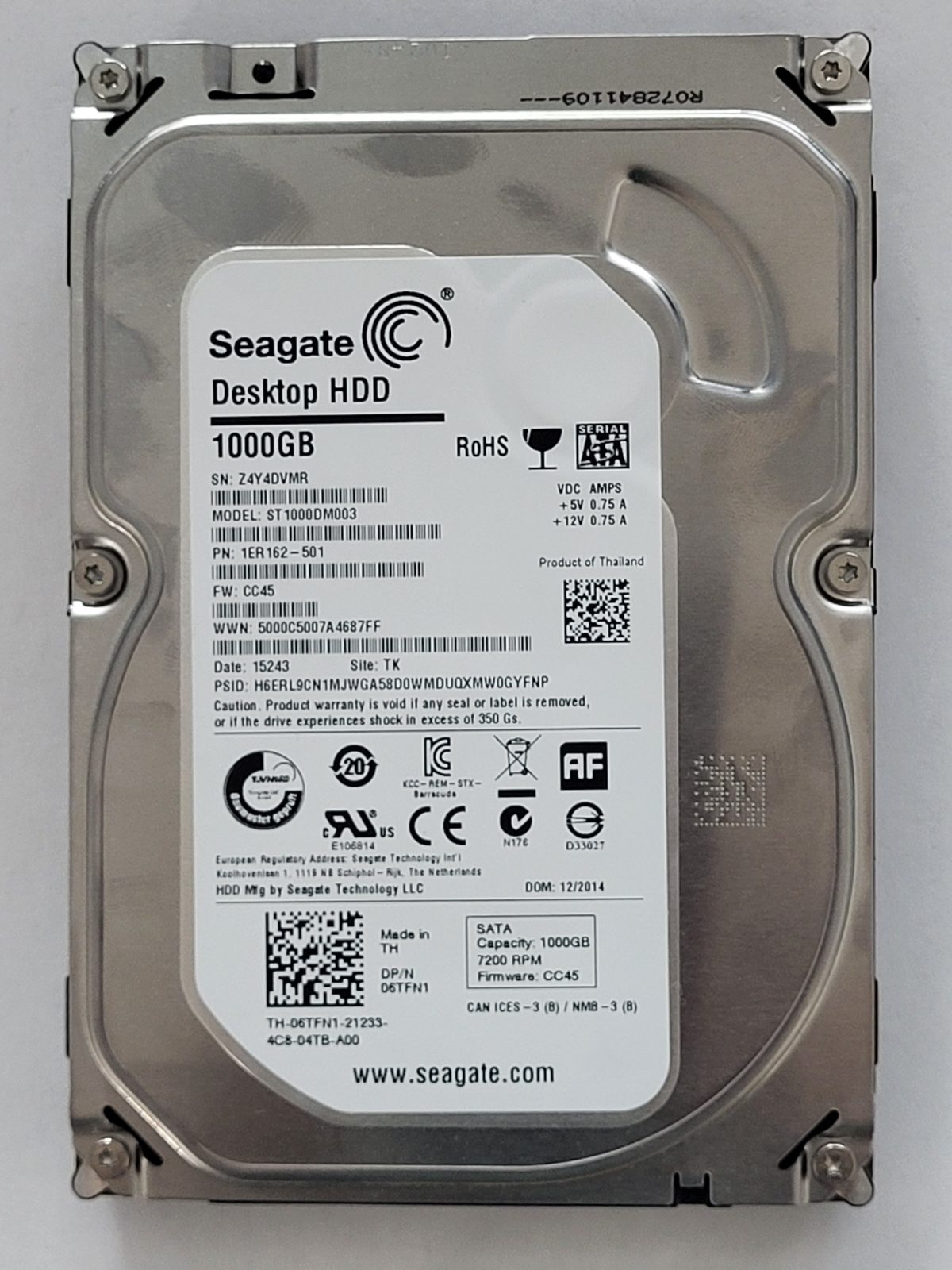 ST1000DM003, PN:1ER162-501, SN:Z4Y, TK, FW:CC45, 15243 | Seagate 1To 3,5" SATA HDD STK