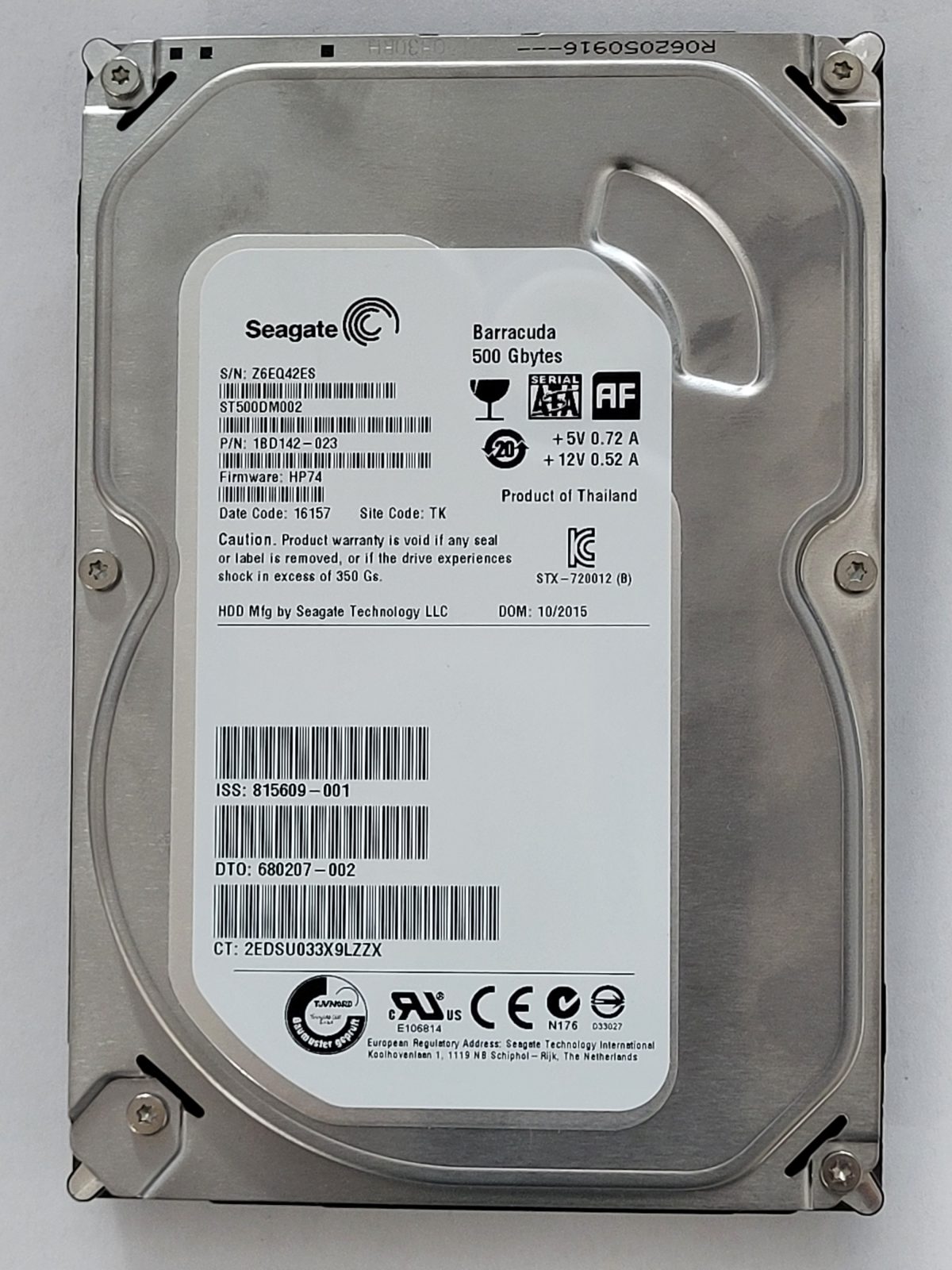 ST500DM002, PN:1BD142-023, SN:Z6E, TK, FW:HP74, 16157 | Seagate 500Go 3,5" SATA HDD STK