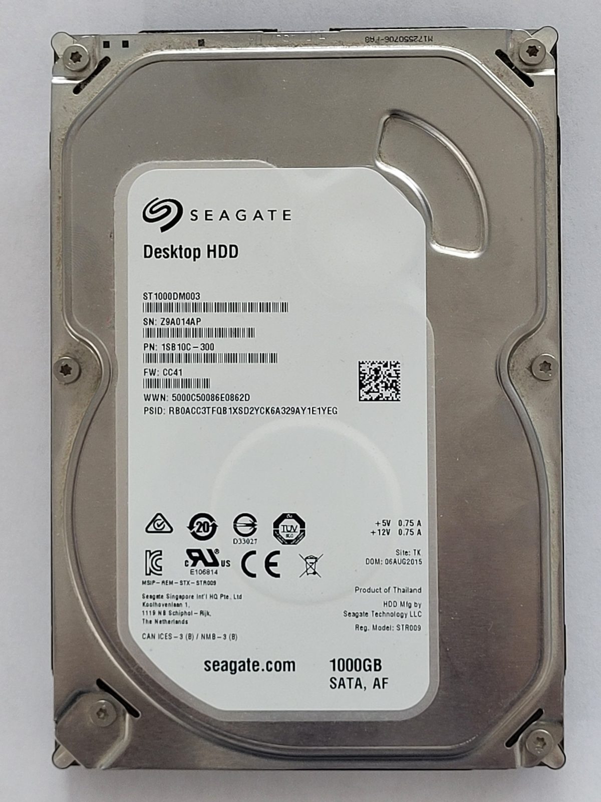ST1000DM003, PN:1SB10C-300, SN:Z9A, TK, FW:CC41, 06 AUG 2015 | Seagate 1To 3,5" SATA HDD STK