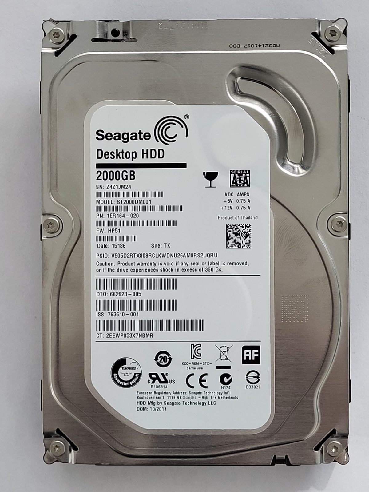 ST2000DM001, PN:1ER164-020, SN:Z4Z, TK, FW:HP51, 15186 | Seagate 2To 3,5" SATA HDD STK