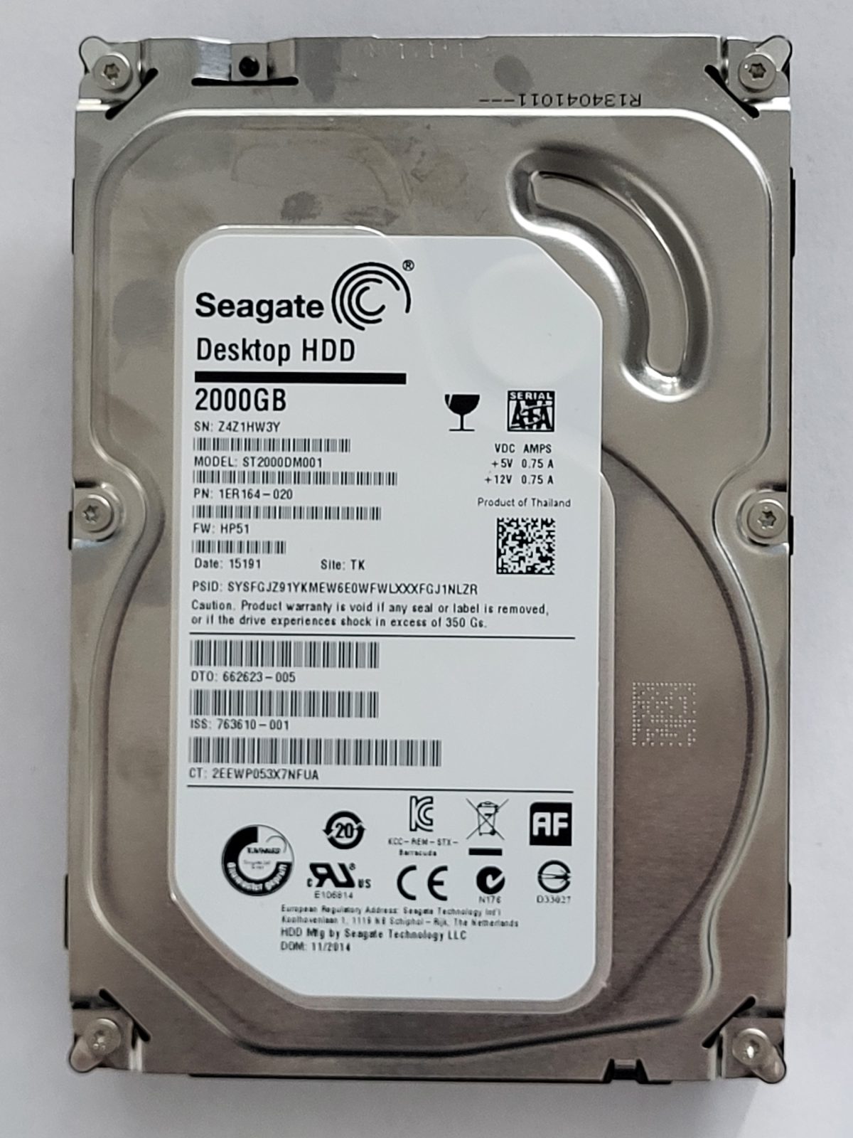 ST2000DM001, PN:1ER164-020, SN:Z4Z, TK, FW:HP51, 15191 | Seagate 2To 3,5" SATA HDD STK