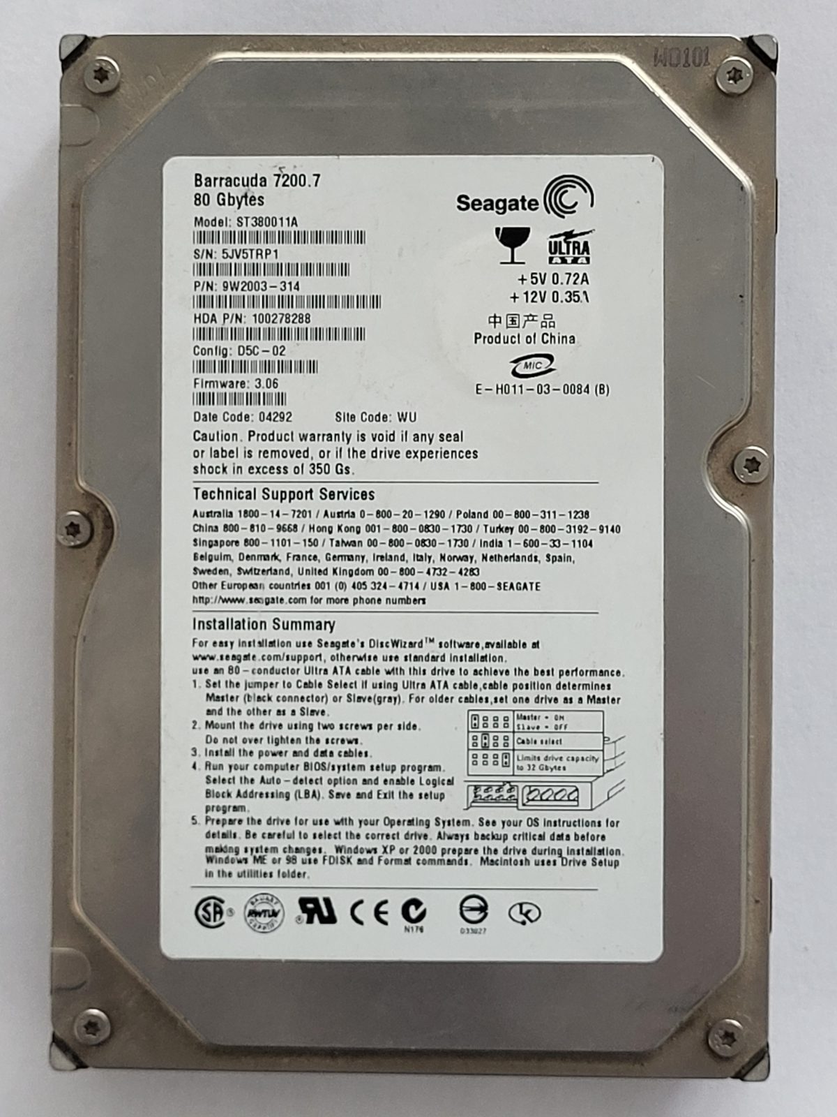 ST380011A, PN:9W2003-314, SN:5JV, WU, FW:3.06, 04292 | Seagate 80Go 3,5" PATA HDD STK