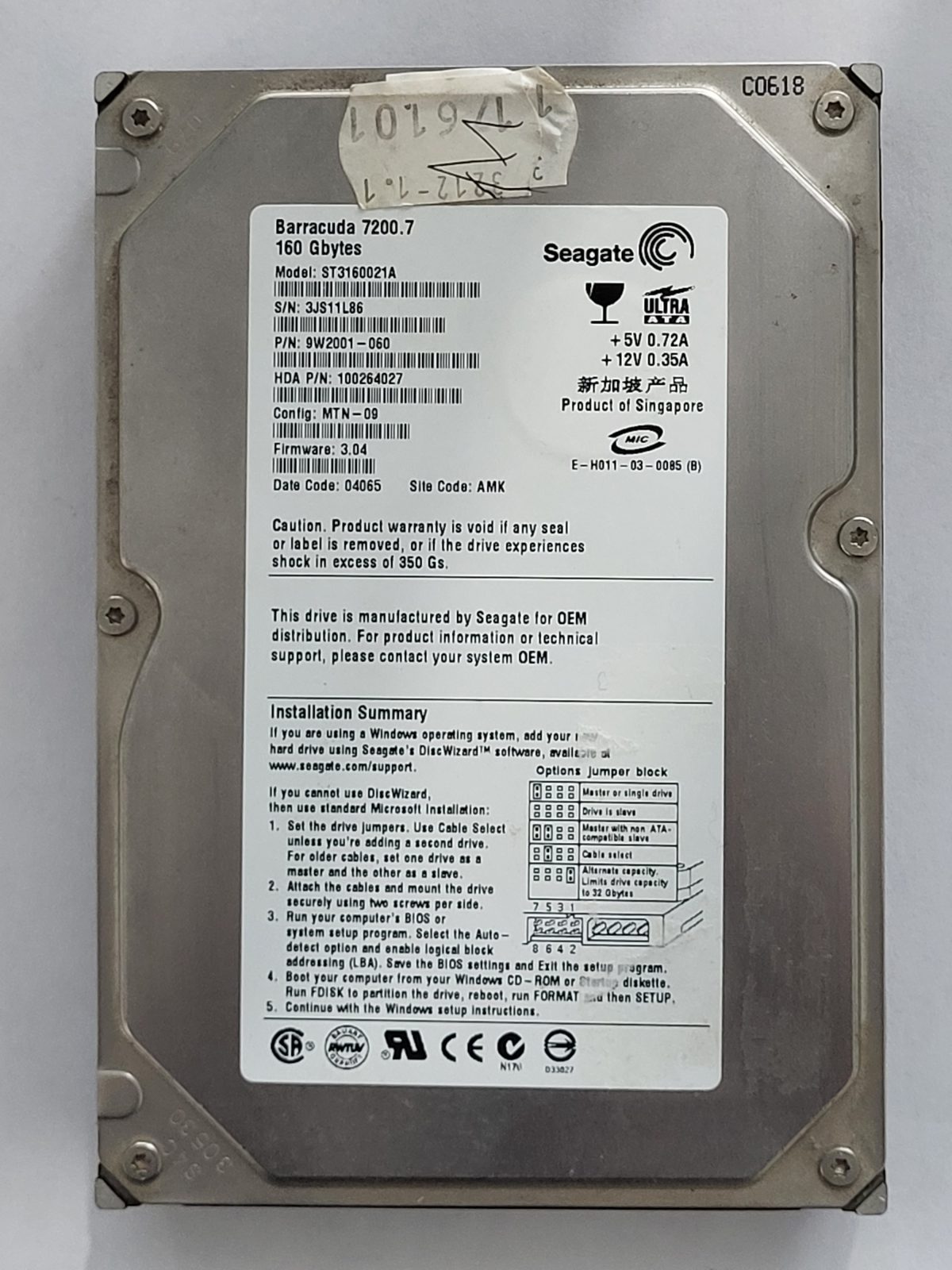 ST3160021A, PN:9W2001-060, SN:3JS, AMK, FW:3.04, 04065 | Seagate 160Go 3,5" PATA HDD STK