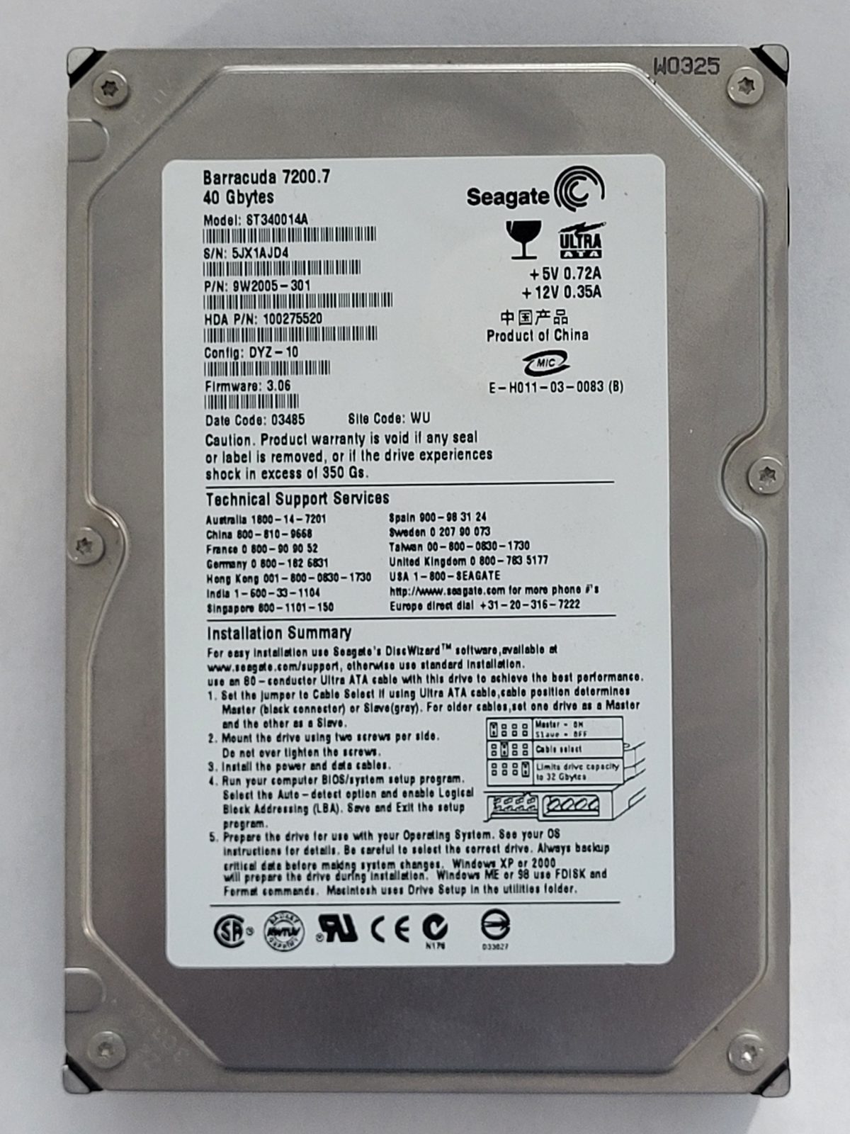 ST340014A, PN:9W2005-301, SN:5JX, WU, FW:3.06, 03485 | Seagate 40Go 3,5" PATA HDD STK