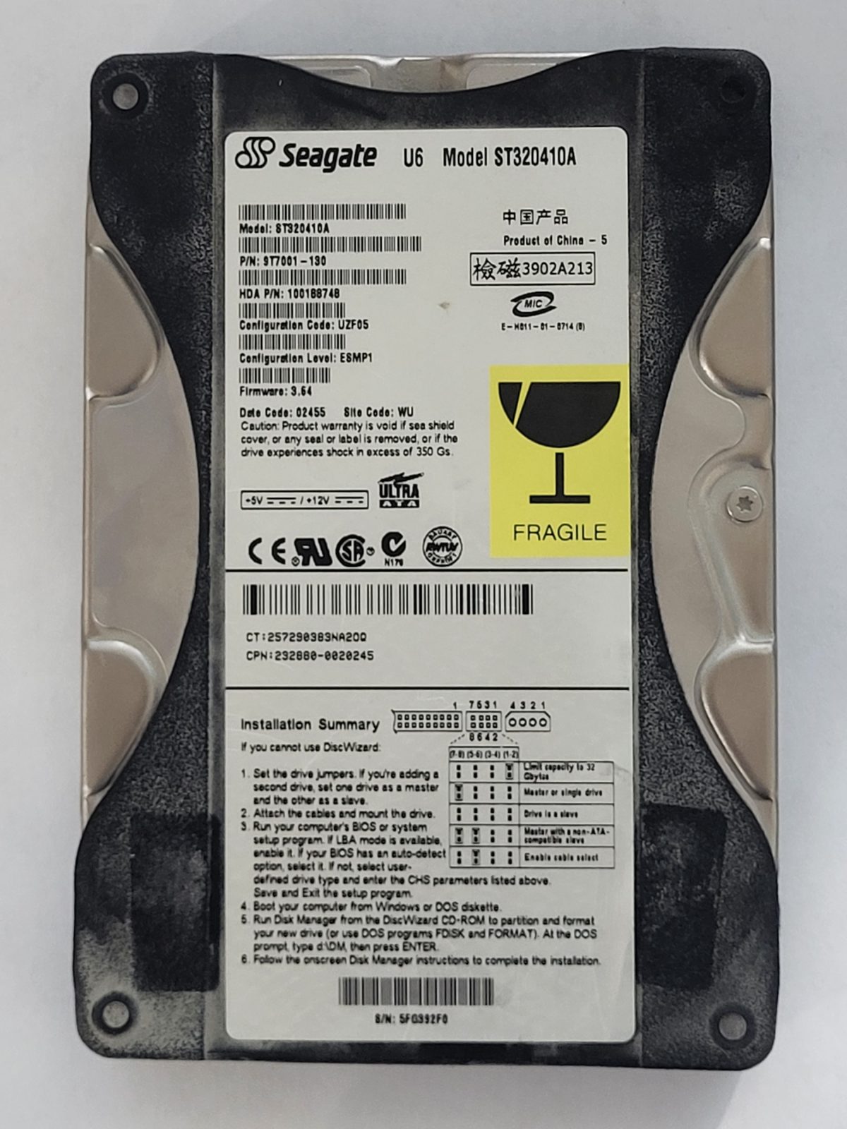 ST320410A, PN:9T7001-130, SN:5FG, WU, FW:3.64, 02455 | Seagate 20Go 3,5" PATA HDD STK