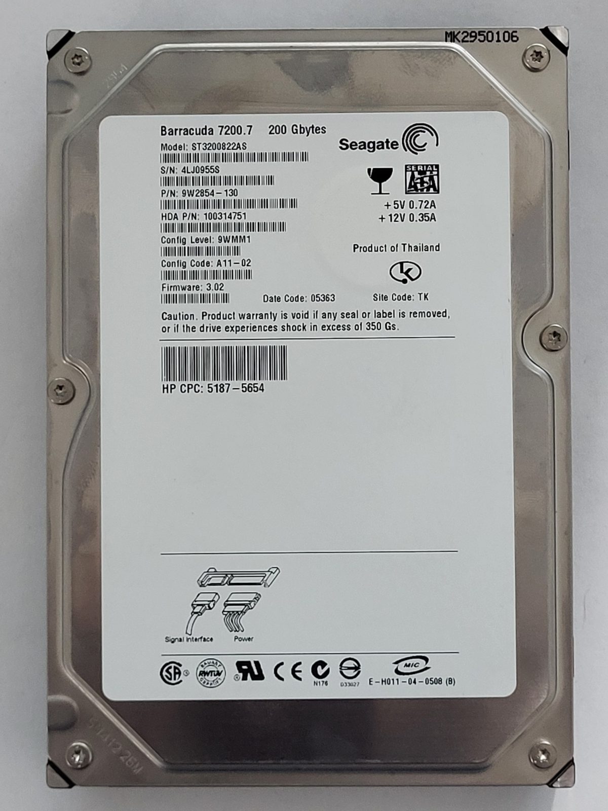 ST3200822AS, PN:9W2854-130, SN:4LJ, TK, FW:3.02, 05363 | Seagate 200Go 3,5" SATA HDD STK