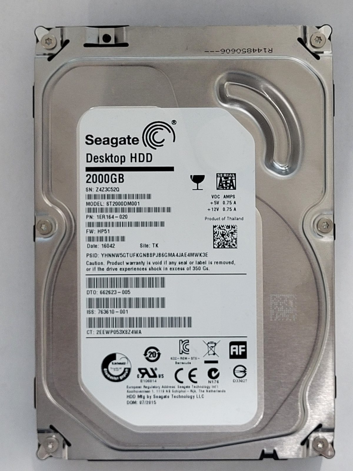 ST2000DM001, PN:1ER164-020, SN:Z4Z, TK, FW:HP51, 16042 | Seagate 2To 3,5" SATA HDD STK