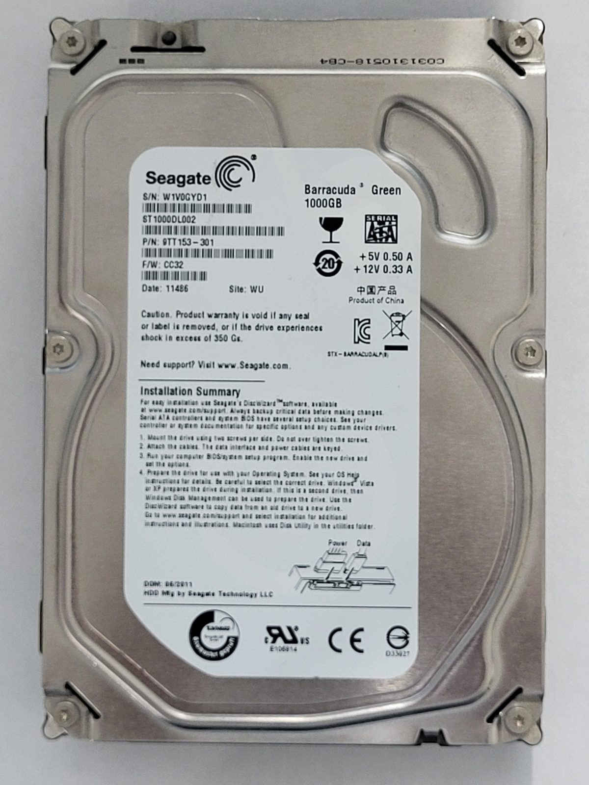 ST1000DL002, PN:9TT153-301, SN:W1V, WU, FW:CC32, 11486 | Seagate 1To 3,5" SATA HDD STK