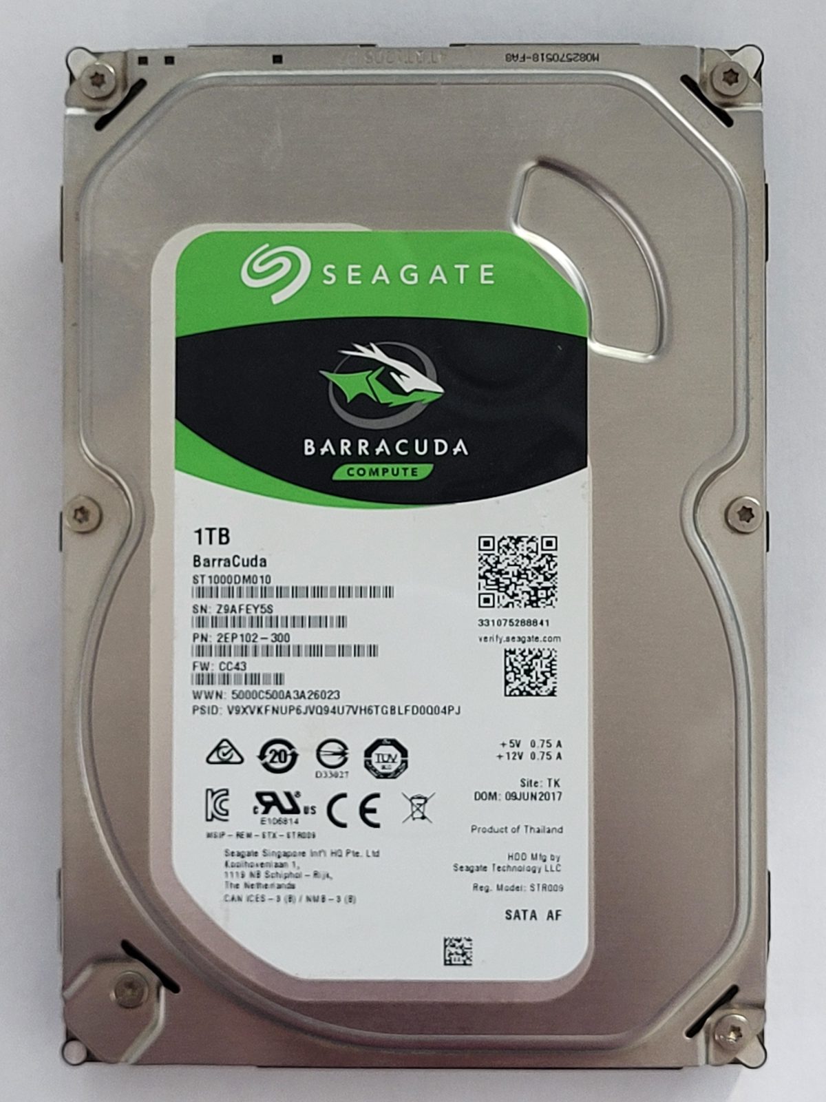 ST1000DM010, PN:2EP102-300, SN:Z9A, TK, FW:CC43, 09 JUN 2017 | Seagate 1To 3,5" SATA HDD STK
