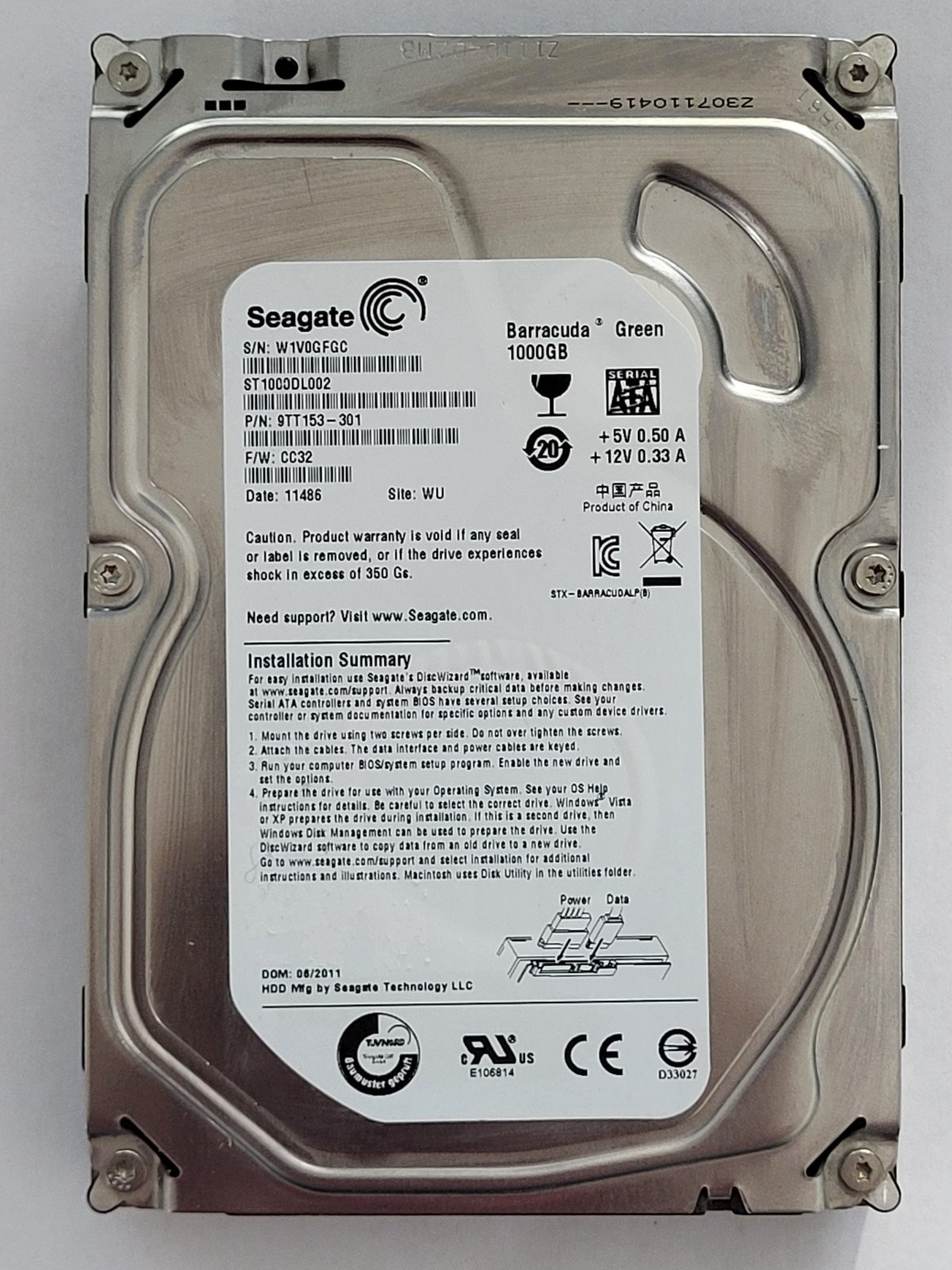 ST1000DL002, PN:9TT153-301, SN:W1V, WU, FW:CC32, 11486 | Seagate 1To 3,5" SATA HDD STK