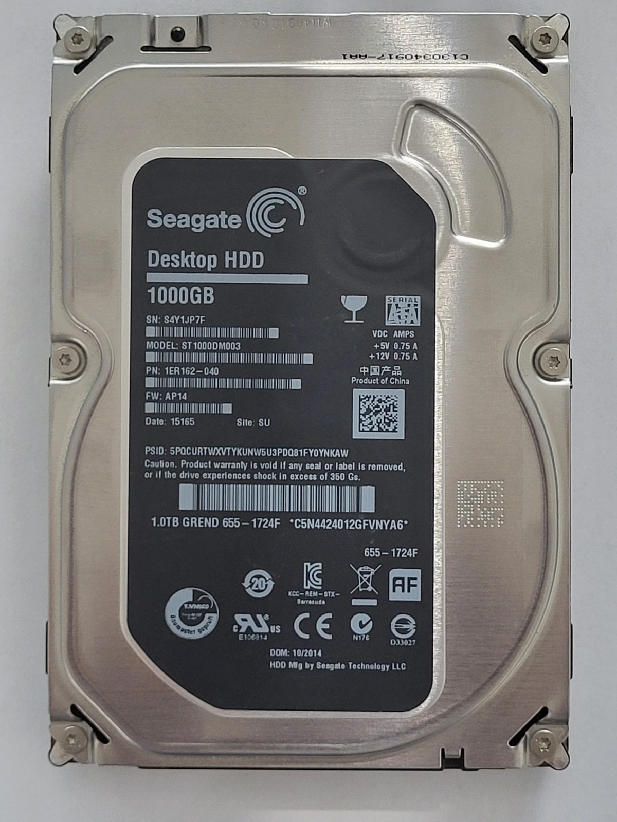 ST1000DM003, PN:1ER162-040, SN:S4Y, SU, FW:AP14, 15165 | Seagate 1To 3,5" SATA HDD STK