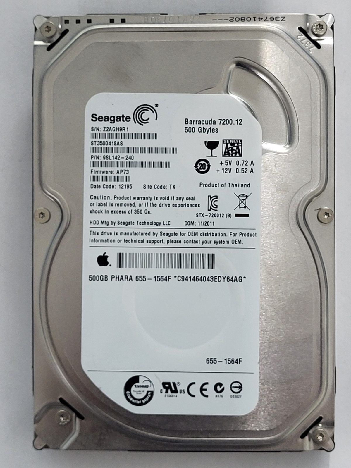 ST3500418AS, PN:9SL142-240, SN:Z2A, TK, FW:AP73, 12195 | Seagate 500Go 3,5" SATA HDD STK