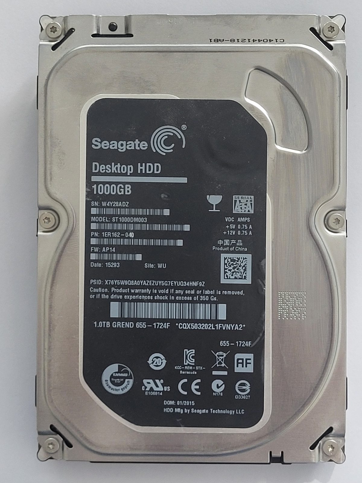 ST1000DM003, PN:1ER162-040, SN:W4Y, WU, FW:AP14, 15293 | Seagate 1To 3,5" SATA HDD STK