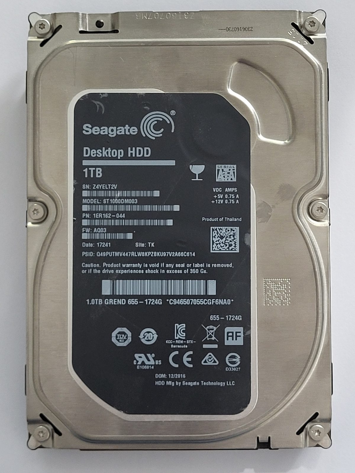 ST1000DM003, PN:1ER162-044, SN:Z4Y, TK, FW:AQ03, 17241 | Seagate 1To 3,5" SATA HDD STK