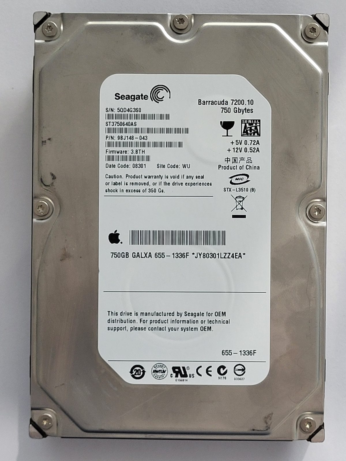 ST3750640AS, PN:9BJ148-043, SN:5QD, WU, FW:3.BTH, 08301 | Seagate 750Go 3,5" SATA HDD STK