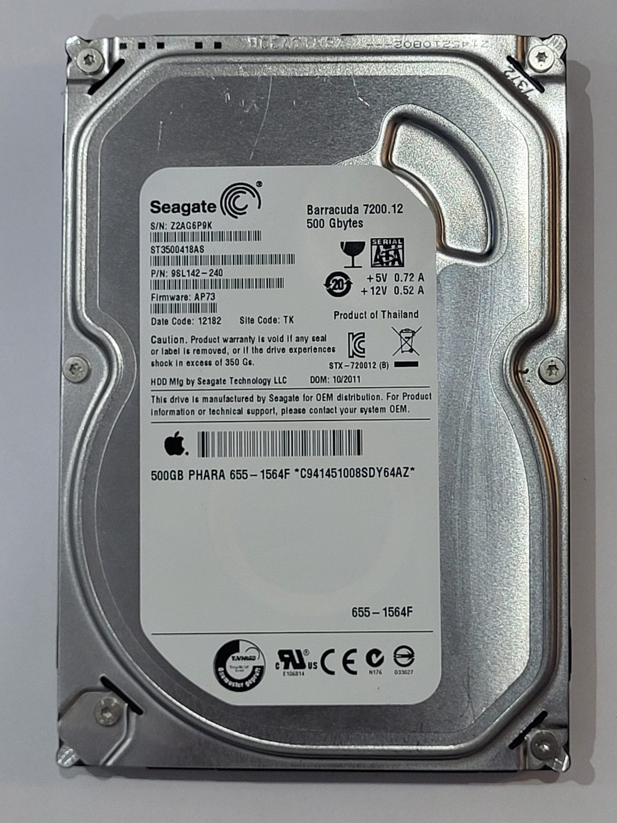 ST3500418AS, PN:9SL142-240, SN:Z2A, TK, FW:AP73, 12182 | Seagate 500Go 3,5" SATA HDD STK