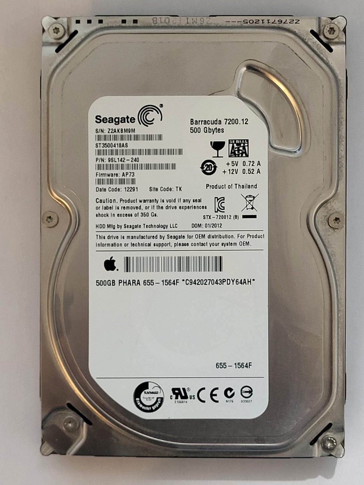 ST3500418AS, PN:9SL142-240, SN:Z2A, TK, FW:AP73, 12291 | Seagate 500Go 3,5" SATA HDD STK