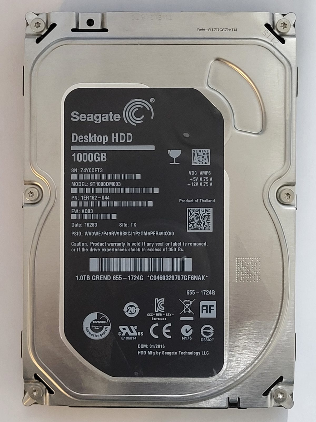 ST1000DM003, PN:1ER162-044, SN:Z4Y, TK, FW:AQ03, 16283 | Seagate 1To 3,5" SATA HDD STK