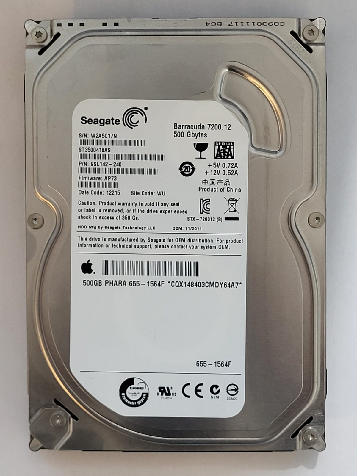 ST3500418AS, PN:9SL142-240, SN:W2A, WU, FW:AP73, 12215 | Seagate 500Go 3,5" SATA HDD STK